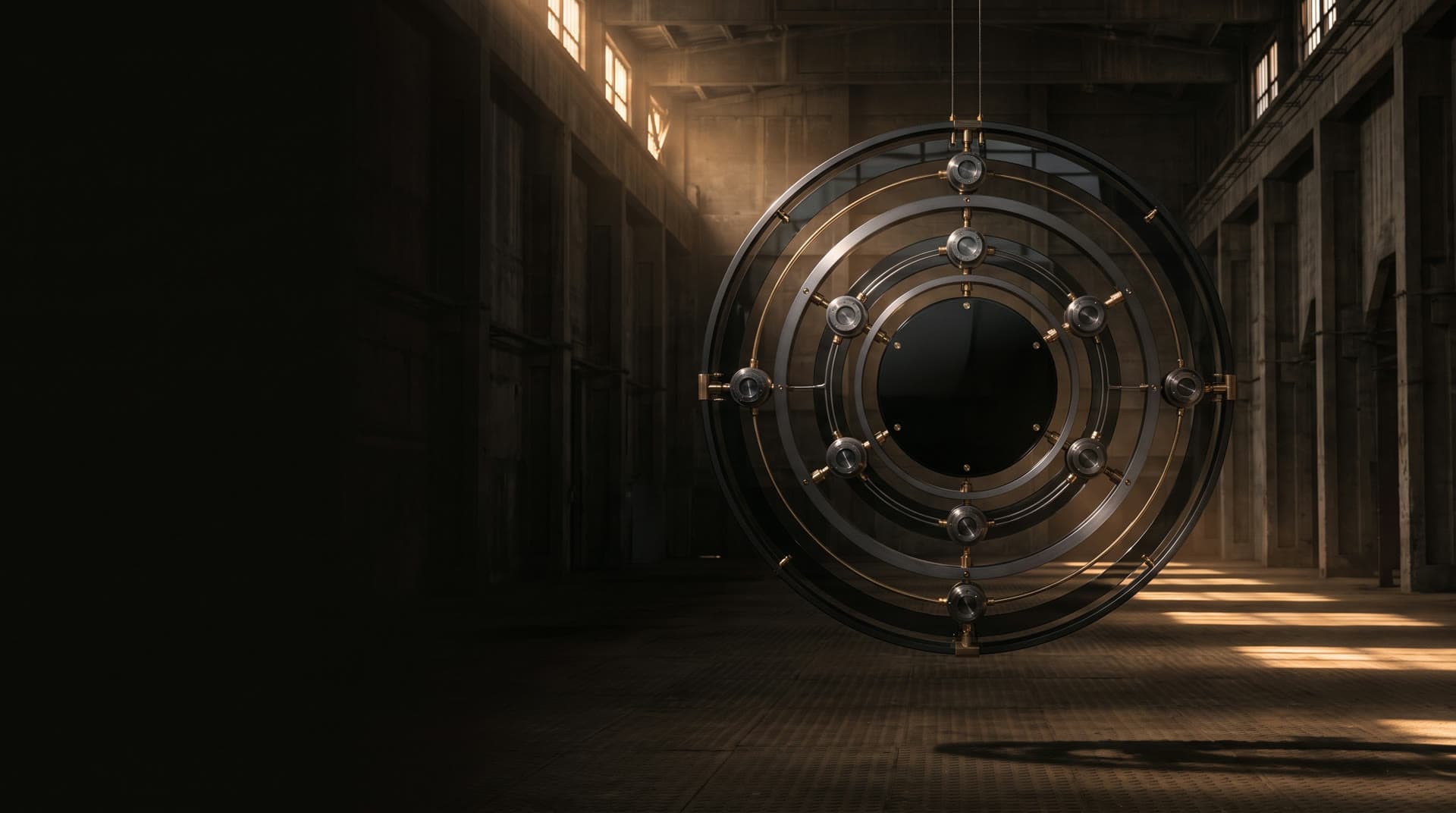 The Compounding Engine — six concentric rings of blackened titanium and brass around a black-glass core.