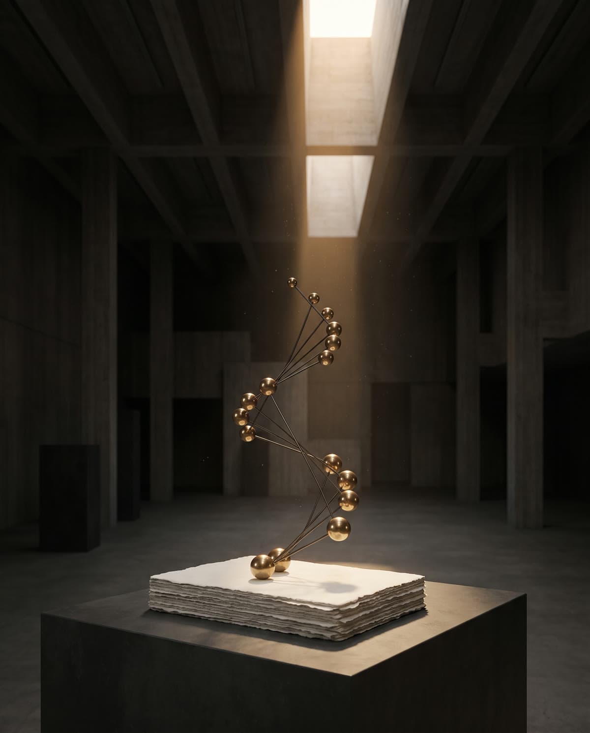 A rising constellation of small brass spheres above bone-white paper