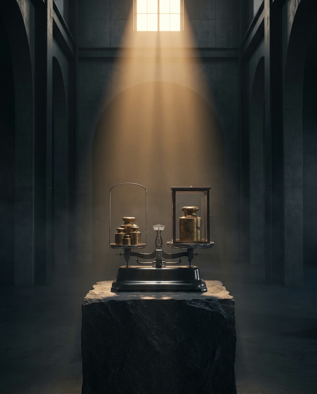 A precision balance instrument with stacked brass calibration weights