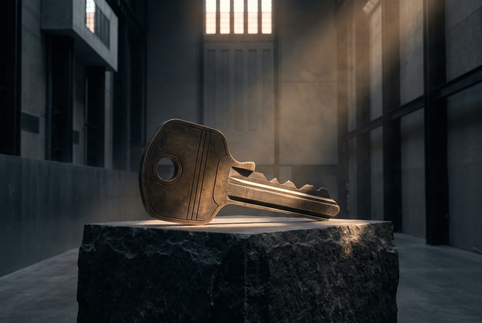 A single monumental brass key on a graphite plinth, lit against near-black