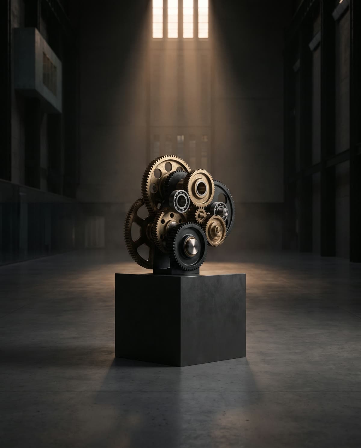 An interlocking assembly of machined brass and titanium gears on graphite