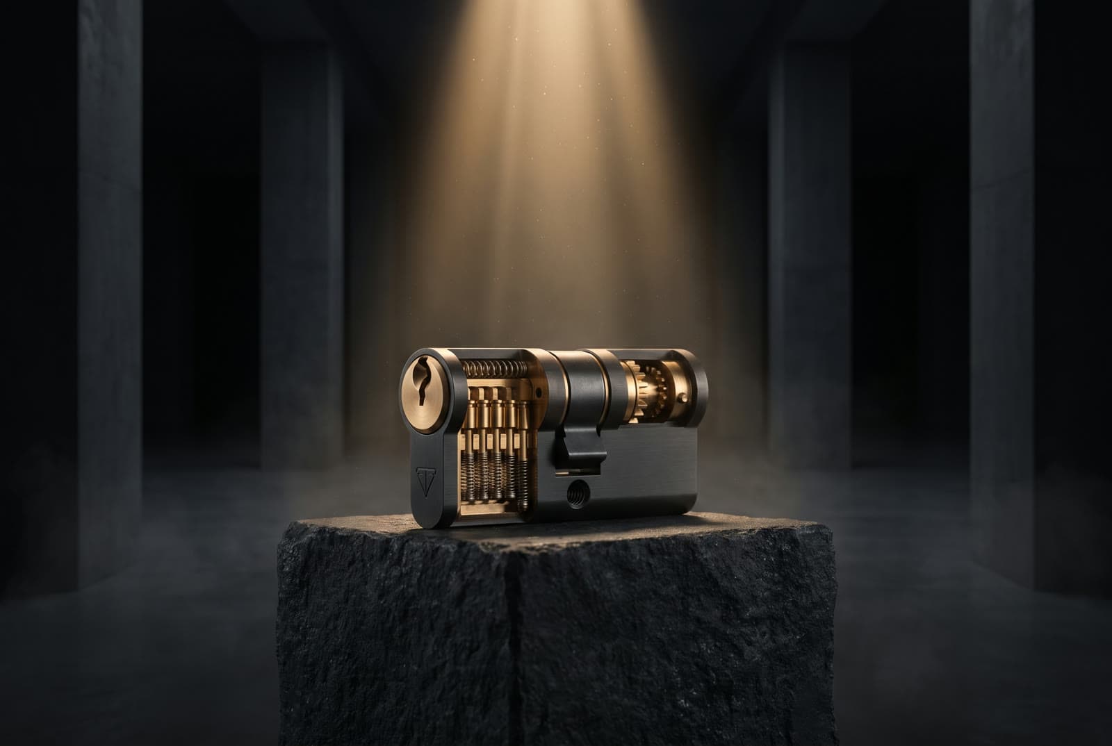 A sectioned precision lock cylinder of titanium and brass, opened to show machined internals