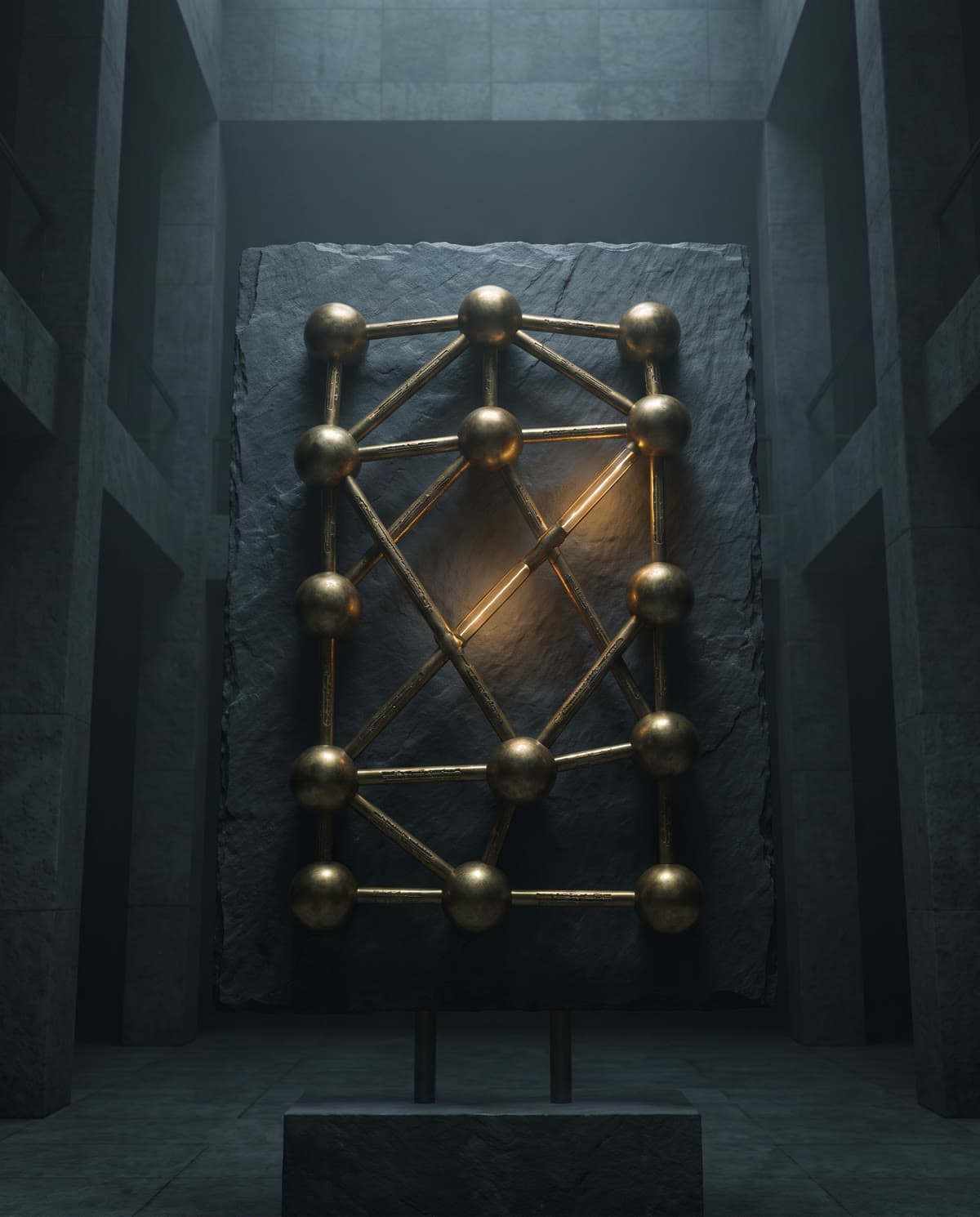 A modular lattice of brass nodes and engraved channels on a graphite board